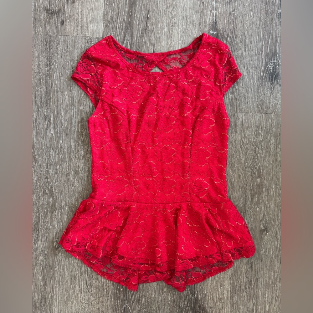 Red floral lace peplum top with sparkle details and back cut out